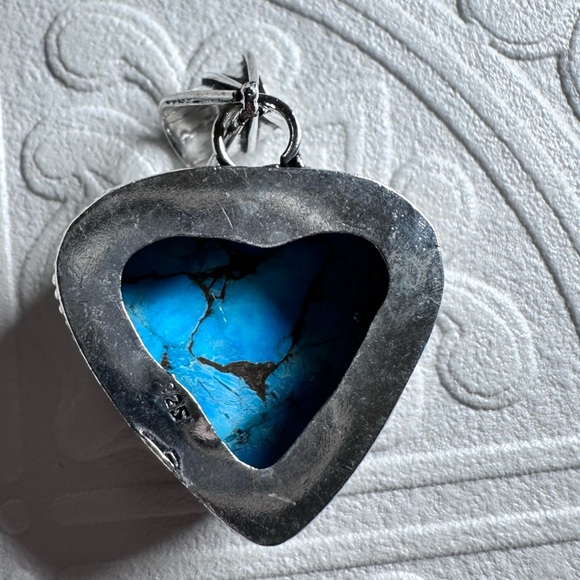 Elegant Blue Moon Turquoise Pendant Heart Natural Polished Stone Silver Tone - Picture 3 of 11